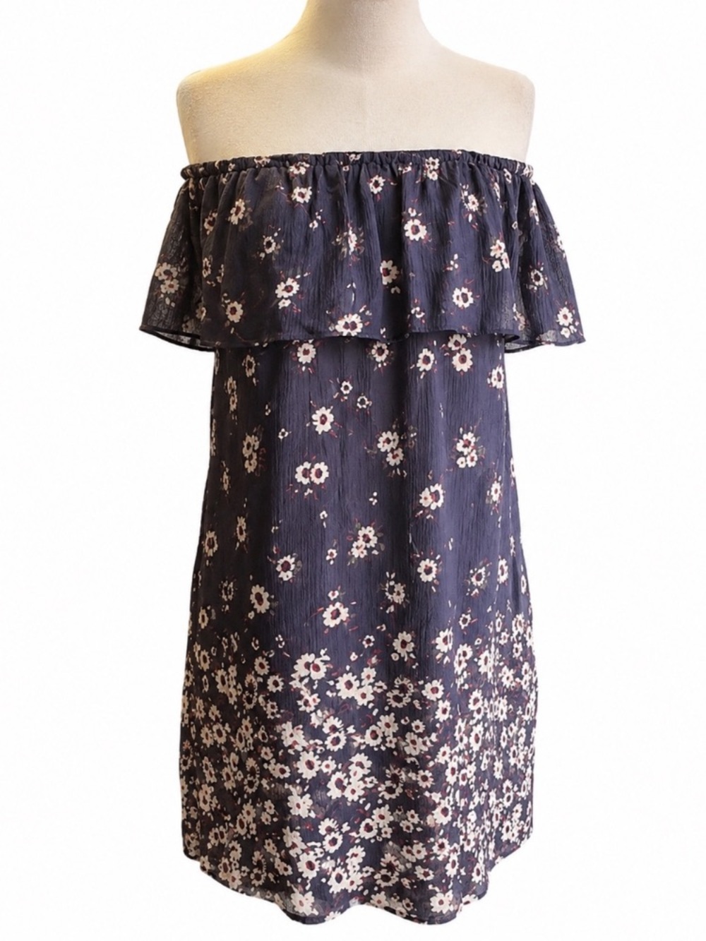 Off-Shoulder Floral Shift Dress in Navy and Cream